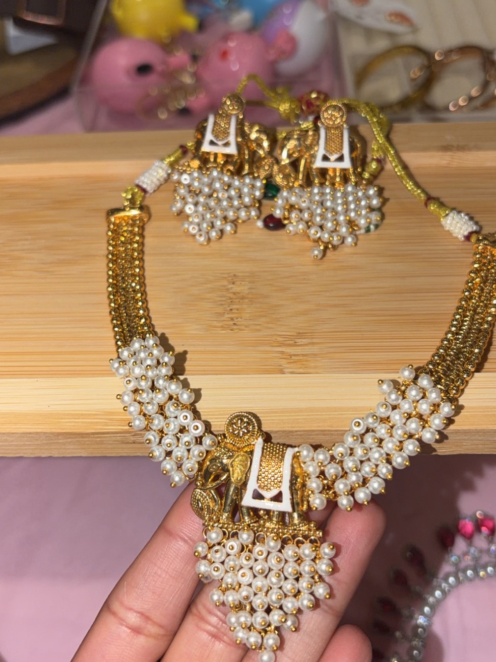 Gold-Tone Pearl Cluster Necklace with Matching Earrings - White Pearls
